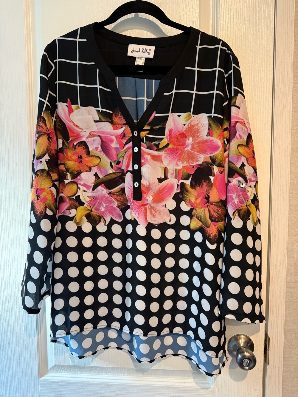 Joseph Ribkoff Black Henley Top with Pink Floral & White Polka Dots